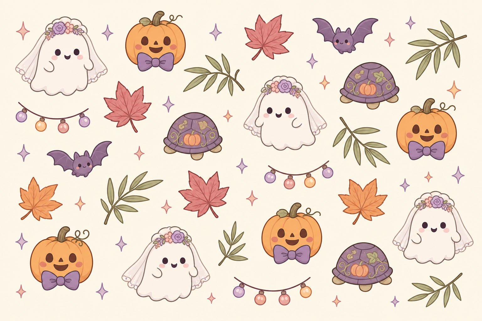 A sheet of cute Halloween wedding illustrations: veiled ghosts, jack-o-lanterns in bow ties, bats, bamboo and autumn leaves.